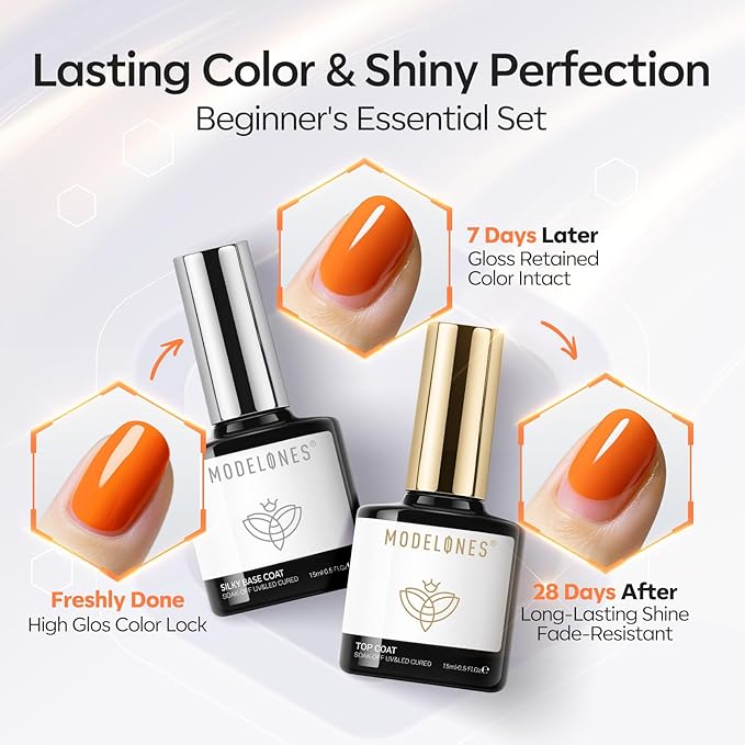 modelones Gel Nail Polish Top Base Coat Set, 15 ML Upgrade Silky Base and Extra Glossy Top Coat Clear No Wipe High Shine Gel Polish Soak Off U V LED Nail Art Home DIY Manicure Gift for Women Beginner
