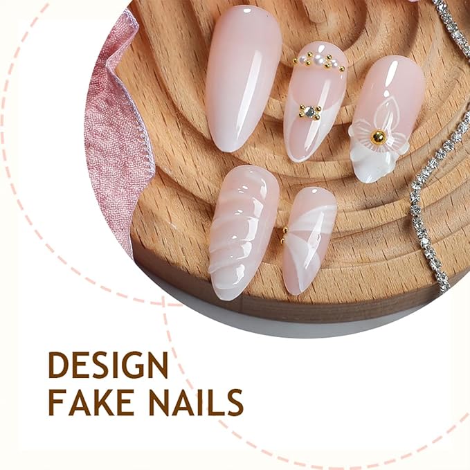 24Pcs White French Tip Press on Nails Medium Almond Fake Nails 3D Flower with Gold Rhinestones Design Ripple Pearl False Nails Nude Full Cover Artificial Glue on Nails Ribbon Stick on Nail for Women