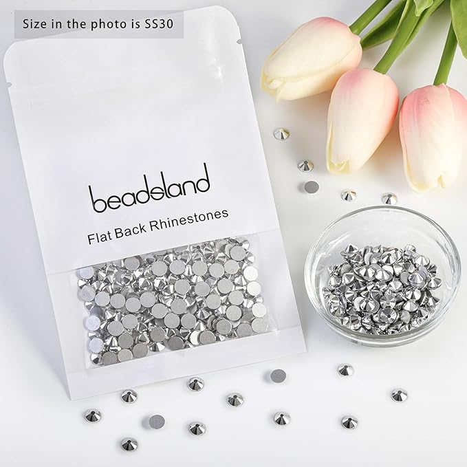 Beadsland 576pcs Flat Back Crystal Rhinestones Round Gems for Nail Art and Craft Glue Fix, Silver Hematite, SS30,6.3-6.5mm
