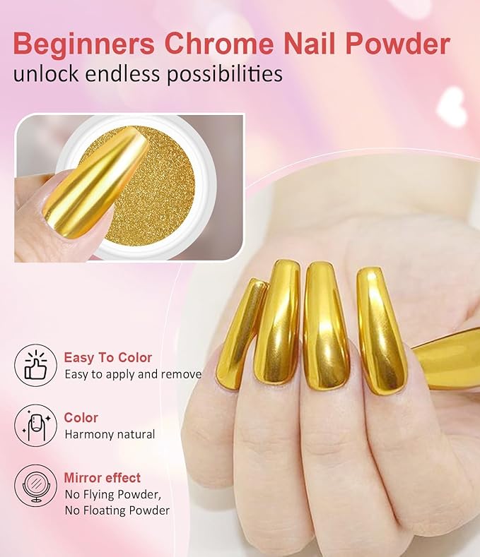 Gold Chrome Nail Powder - Metallic Mirror Effect Nail Chrome Powders Silver Chrome Powders for Nails Glitter, Pigment Holo Chrome Gold Nail Powder with 4 Eyeshadow Sticks