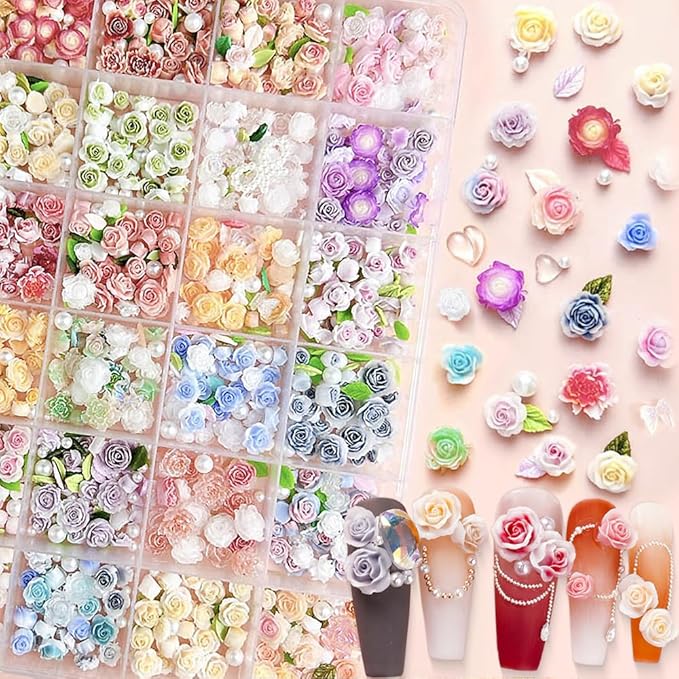 24Grid Random Mixed Flower Nail Charms - Colorful Floral Nail Decor Charms With Pearl Leaves & Resin Camellia Rose Designs