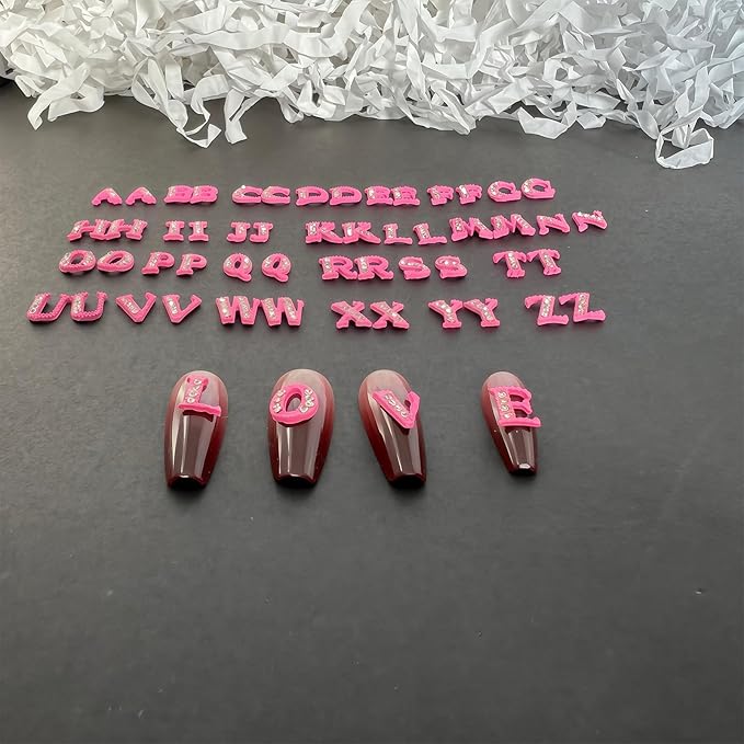 52 Pcs 3D Pink Nail Charms Letters Initial Charms for Nails Nail Letter Charms Alphabet Rhinestone Nail Charms for Nail Art Design Decoration DIY Craft