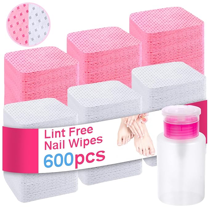 600 PCS Lint Free Nail Wipes,Non-Woven Fabric Nail Cleaning Pads Lash Extensions Glue Cleaning Wipes,accompanied by 1 Empty Pump-Style Bottle Dispenser Nail Care Set (Pink and white)