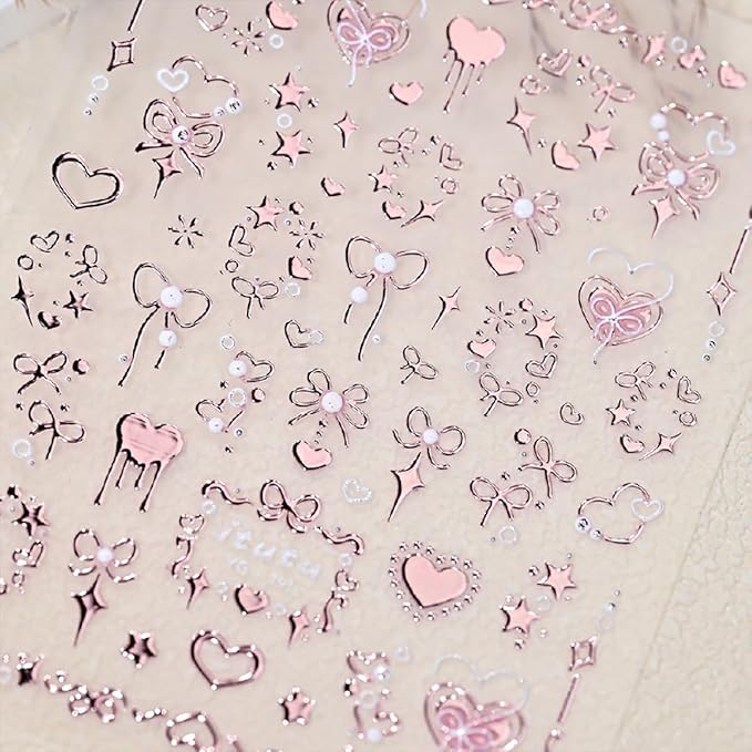 Valentine's 5D Embossed Nail Art Stickers - Romantic Rose Gold & Pink Nail Decals with Bronzing Bow Heart Designs