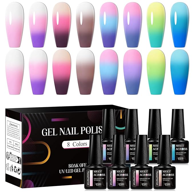 MEET ACROSS Color Changing Gel Nail Polish Kit, 8 Colors Pink Red Blue Purple Temperature Change Gel Polish Soak Off Uv Led Diy Nail Art Salon Manicure Gifts for Women