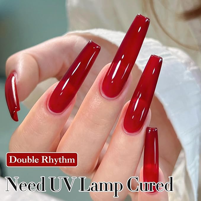 Double Rhythm Gel Polish 15ML Jelly Sheer Pastel Light Milky Color Pearl White Bottle 1 PC 0.5 OZ Full Size Nail Art Salon at Home (Translucent Red-D1449)