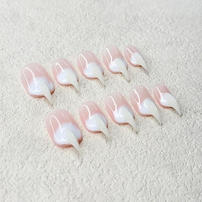 10 Pcs Handmade Press on Nails Medium Curved Stiletto Cat Claw Fake Nails Unique Pink White Designs Thick 3D Cat Claw Nails Press Ons Reusable Glossy Acrylic French Gradient Stick on Nail (S)