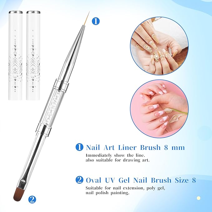 2 Pcs Double Ended Nail Builder Gel Brush, French Tip Brush Hard Gel for Nails, Brush Liner Brush Nails Hard Gel for Design Nails Professional Nail Art(Black and White)