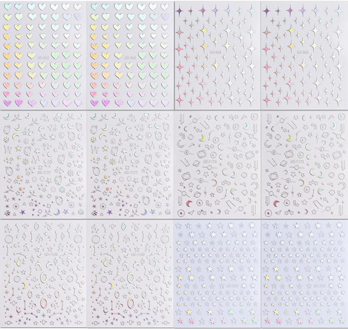 12 Sheets Star Nail Stickers 3D Self Adhesive Aurora Heart Nail Decals Moon Glitter Design Nail Stickers Nail Art Supplies for Women DIY Manicure Acrylic Decoration