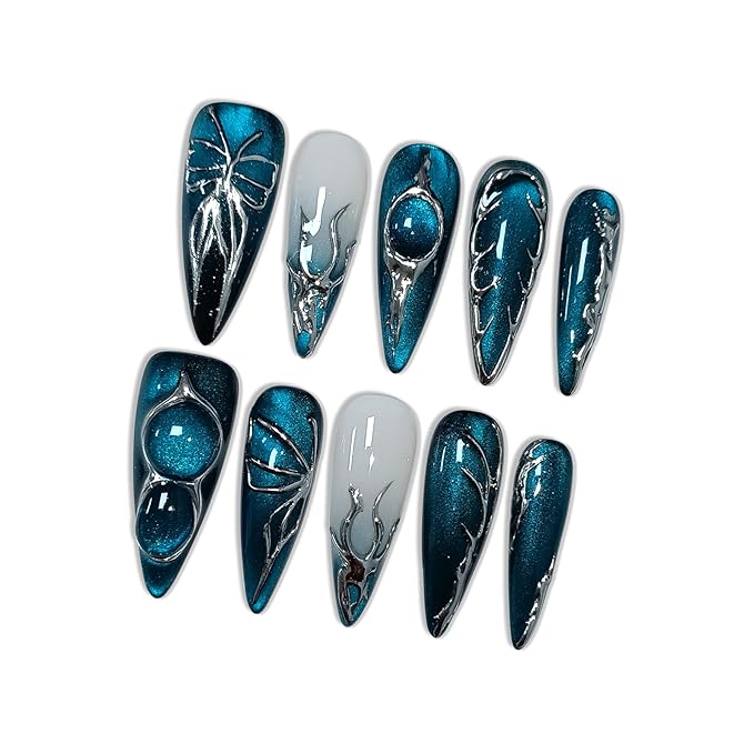Navy Blue Cat Eye Press on Nails with Hand-Painted Silver Butterfly, Long Stiletto Glossy Edgy Fake Nails, Reusable Sweet & Cool False Nails for Women Night Party Special Event (Size S) ﻿