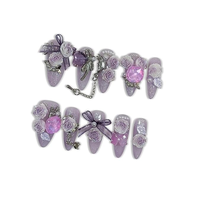Glamorous Press on Nails Long Almond Stiletto,Purple Cat Eye Gradient False Nails with 3D Roses, Camellias Butterflies Chains Rhinestones,Luxe Glitter Fake Nails for Women 10Pcs Tools Kit(XS)