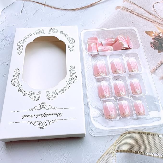24 Pcs French Tip Press on Nails Short Square Pink White Gradient Fake Nails with Glitter Designs Reusable False Nails Glossy Glue on Nails Full Cover Artificial Nails for Women Girl