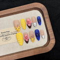 3D handmade nails press on false nails,Thick Strong Waterprooft almond hand-painted yellow blue pink flower acrylic fake nails designed kit,10 Nails, Size L #2977
