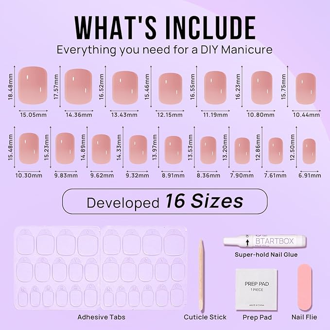 BTArtbox Press On Nails Short - Nude Square Nail Tips Glue On Nails, Reusable Stick On Nails in 16 Sizes - 32 Soft Gel Fake Nails Kit, Cinnamon
