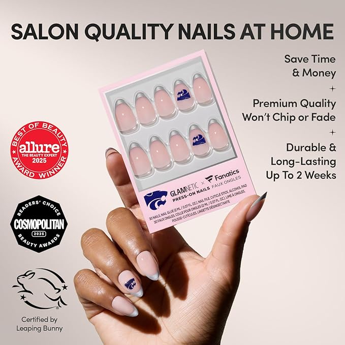 Glamnetic x Fanatics Press On Nails - Kansas State Wildcats | Short Almond Fake Nails, Collegiate Silver French Tips, College Nails, Salon-Quality | 15 Sizes - 30 Nail Kit with Glue