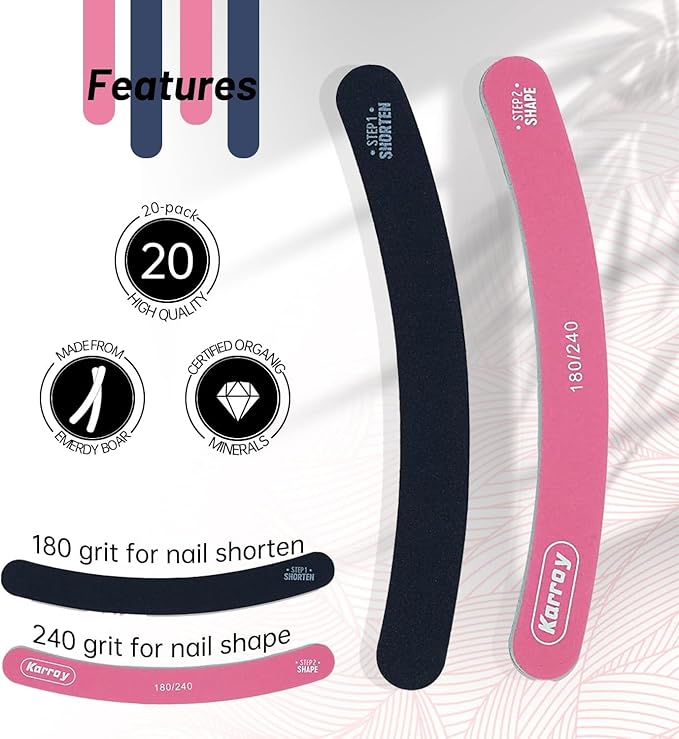 Nail Files, Dual Sided Nail Files for Natural Nails, Emery Boards Nail Filer for Acrylic Nails 180/240 Grit 20pcs