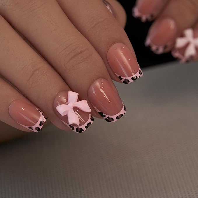 Curvlife Shohrt Square Press On Nails – 30PCS Full Cover False Natural Fit Soft Gel French Nail Tips with Leopard Print and 3D Bow Accent, Easy to Apply at Home Glue On False Nails Kit