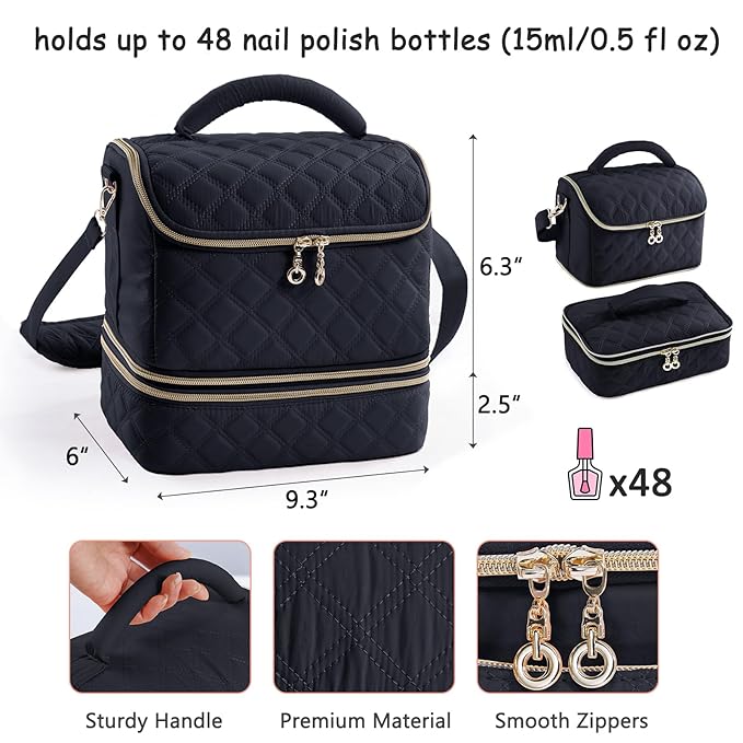 2-in-1 Nail Polish Organizer Case – Holds 48 Bottles, Nail Supplies & Manicure Tools – Portable Nail Tech Storage Bag with Removable Slots, Travel Nail Kit Carrying Case