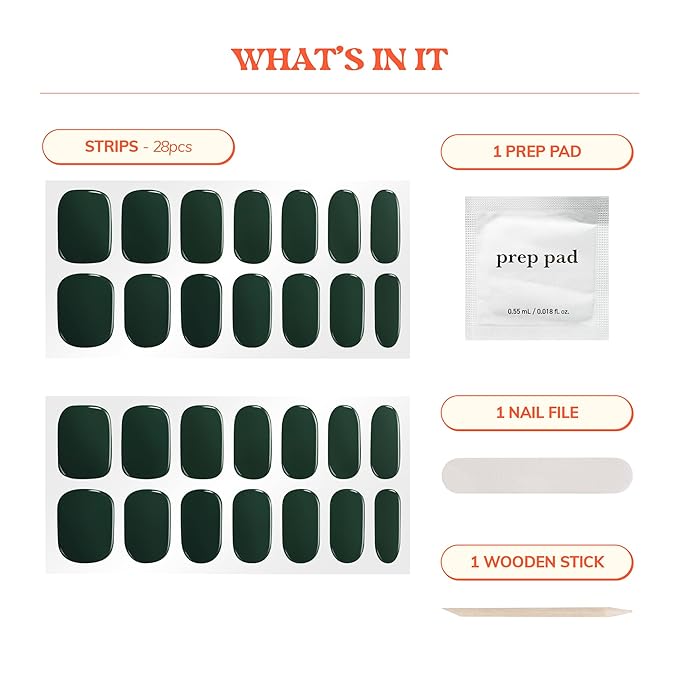 Heyhae Semi Cured Gel Nail Strips | No LED Lamp Needed | Winter, Solid, Green | Easy Apply & Remove, Salon Quality | Includes 28 Strips, 1 Prep Pads, Nail File & Wooden Stick - Hey, Evergreen Babe