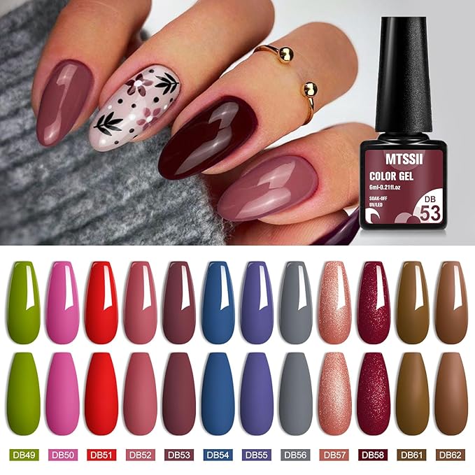 MTSSII Gel Nail Polish Set, 12PCS Brown Grey Red Blue Gel Nail Polish Kit, Soak Off UV/LED Nail Polish Nail Art Design Salon Home Gifts for Women