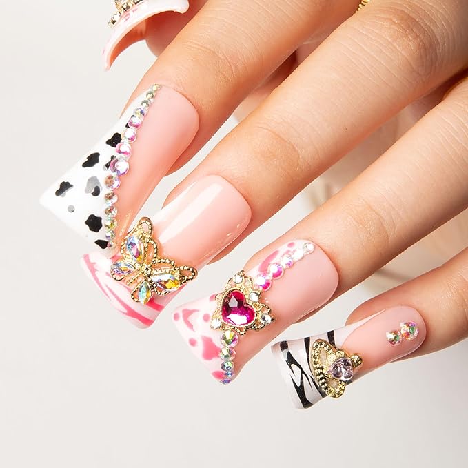 LOVFUL Press on Duck Nails Salon Quality Rolling Luxe Curve | Handmade Acrylic with Full Covered Crystals | Reusable Fake Nails | Duck Classic Regular 1.3 in | H144-M
