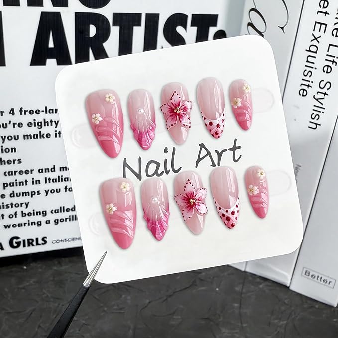 Flower Press on Nails Medium Almond Handmade 3D Water Ripple Pearl False Nails with Designs Luxury Handmade on Nails Floral Embossed French Tip Fake Nail Art Glossy Thick Acrylic Nails (Size S)