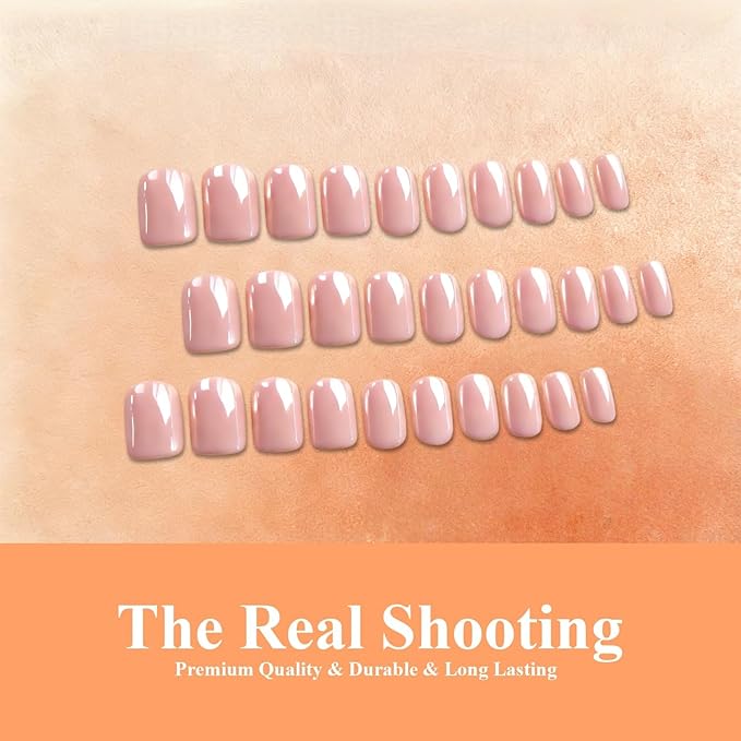 Chrome Peach Pink Press on Nails Short Square, Glazed Short Fake Nails with Sparkle Mirror Design, Shiny Glitter Glue on Nails with Glue, Cute Gel Nail Press ons for Fingernail 30 Pcs