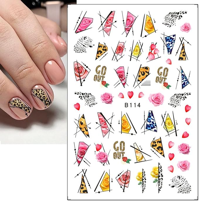 12 Sheets Rose Flower Nail Art Stickers Decals 3D Colorful Floral Self-Adhesive Graffiti Abstract Rose Love Heart Leaf Curve Line Design Supplies for Women Girls DIY Acrylic Nails Art Decoration