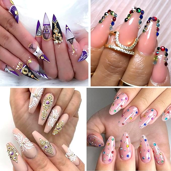 HNUIX Nail Beads - 3D Multiple Size, Mix Colors, Flat Back, Rhinestones for Nails, Gold & Silver, Charms Studs, Round, with Kit, for Nail Art