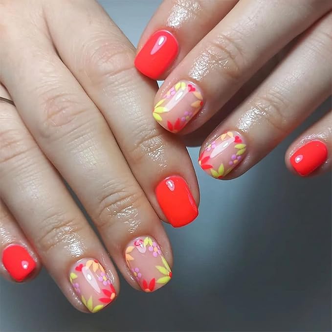 Square Press on Nails Short Fake Nails Colorful Flower Heart Design Glue on Nails Flowers Acrylic Nails Press ons Red Full Cover False Nails Glossy Artificial Stick on Nails Women Girls 24 Pcs