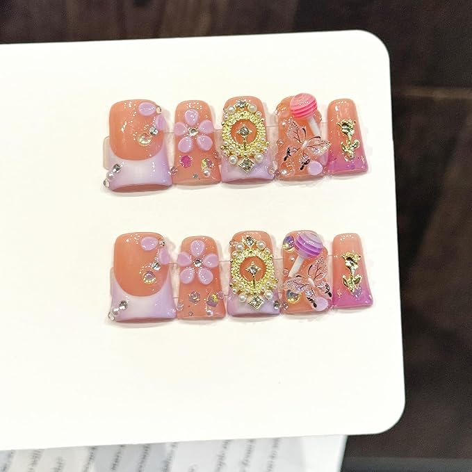 10 Pcs Valentines Day Handmade Medium Duck Press on Nails Flower Butterfly Candy Pattern Spring Fake Nails Cute Romantic False Nail for Women