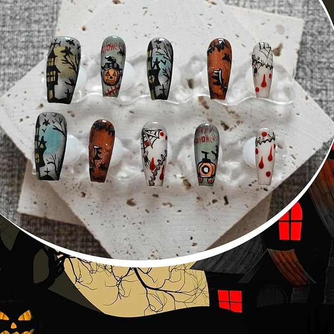Handmade Press on Nails Long Coffin - Cartoon Story with Holiday Design for Parties, Halloween (Halloween House Story,M)