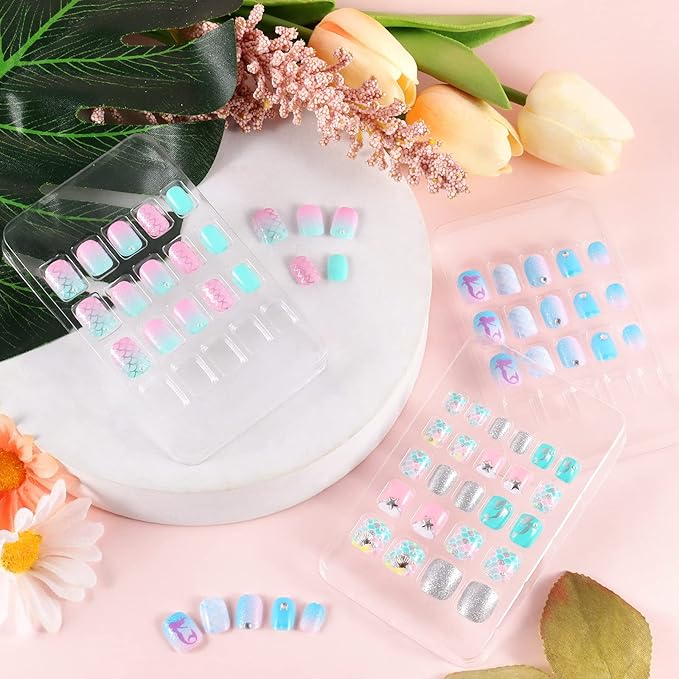 Laza 64pcs Children Nails Press On Pre-glue Full Cover Pink Green Blue Scale Shell Star Diamond Short False Nail Kits for Kids Teenager Girls - Pearl Mermaid