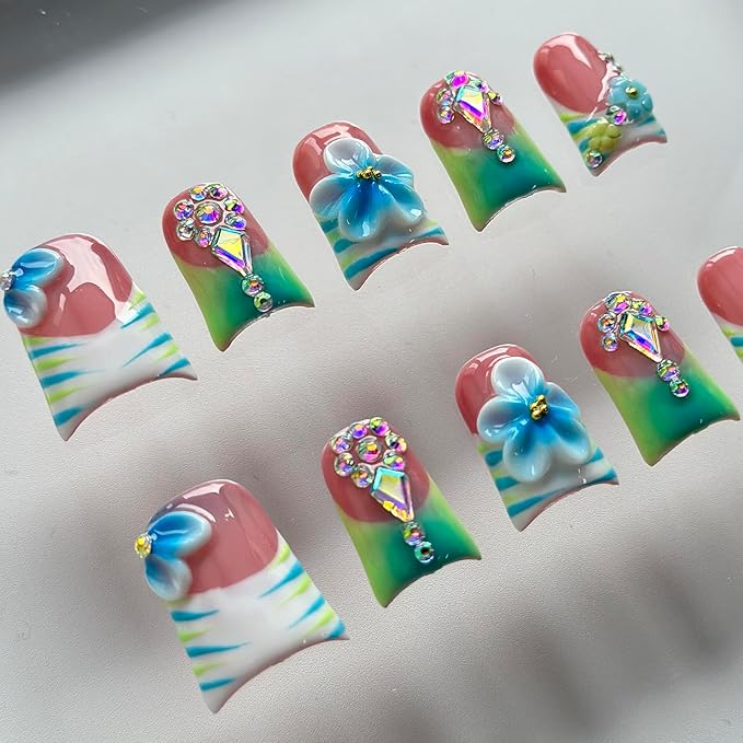 Luxury Press on Nails Short Duck Handmade 3D Unique Reusable ABS Material Fake Nails French Tip False Nails with Designs Floral Rhinestones Blue&Green Glossy Glue on Thick Acrylic Nails(S)