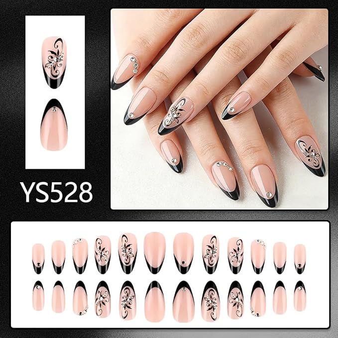 Black French Tip Press on Nails - Short Almond Fake Nails Press ons with Black Flower & Rhinestones Designs, Glossy Acrylic Nails Full Cover Reusable Glue on Nails for Women Manicure 24Pcs