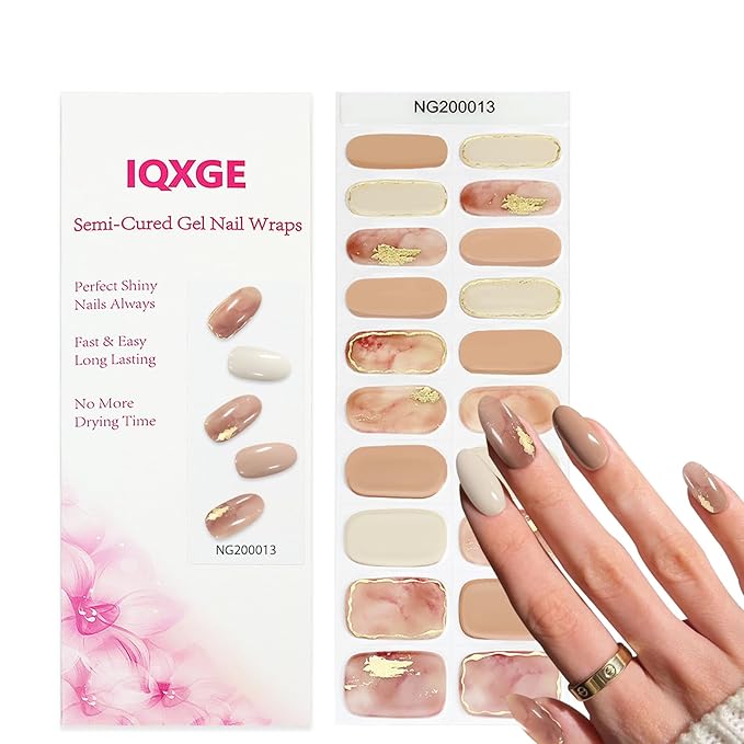 Gold Semi Cured Gel Nail Strips UV/LED Light Needed 20Pcs Cream Gel Nail Stickers with Design Glossy Marble Nails Polish Strips Full Polish Self Adhesive Nails Wraps for Women