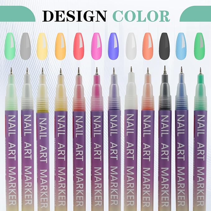 12 Colors Nail Art Pens Set with Fine 0.5mm Tips, Quick Dry Nail Polish Markers for DIY Home Salon Manicure, Professional Nail Art Tools Kit for Adult Beginners and Nail Technicians