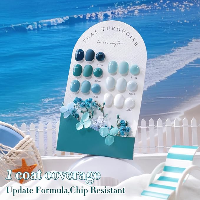 Double Rhythm 6 Pcs 15 ML Gel Polish Set Same Color Same Bottle Soak Off Gel Polish Kit Nail Art Manicure Salon DIY at Home for Women (White Light Green Teal Blue Turquoise-T6-78)