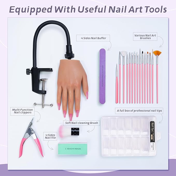 Practice Hand for Acrylic Nails,Realistic Silicone Mannequin Hand with Flexible Fingers for Acrylic Nails, Gel Polish Training, Complete Nail Art Beginner Set with Brush & File