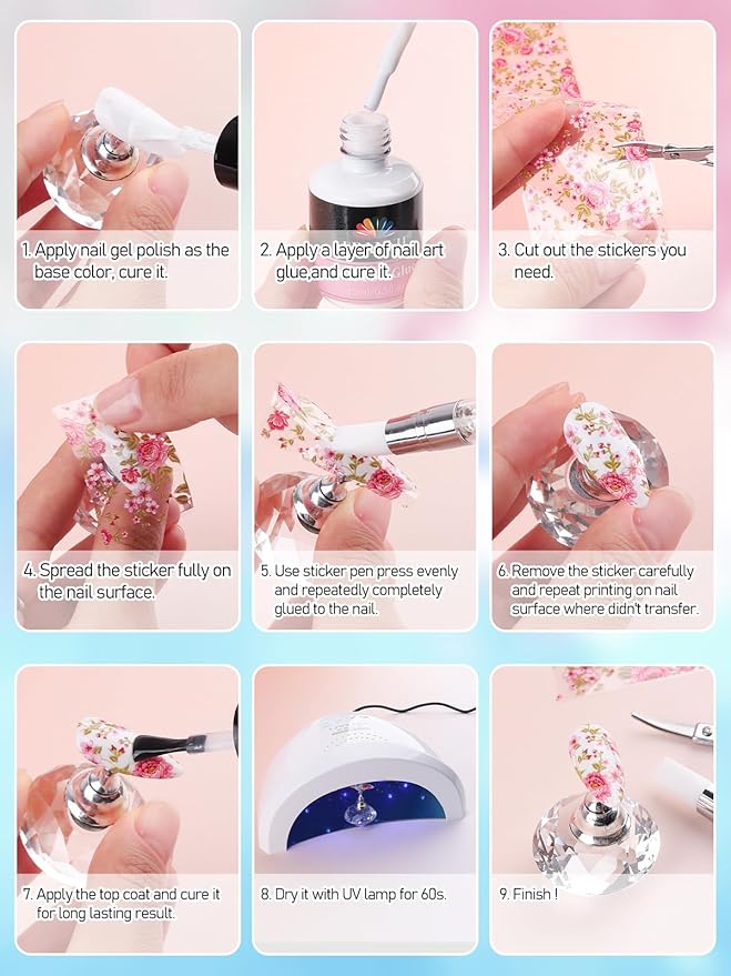 Kalolary 30ML Nail Foil Glue Gel with 20Pcs Foil Transfer Stickers Set, Starry Sky Lace Flower Transfer Stickers DIY Decoration for Salon or Home Use