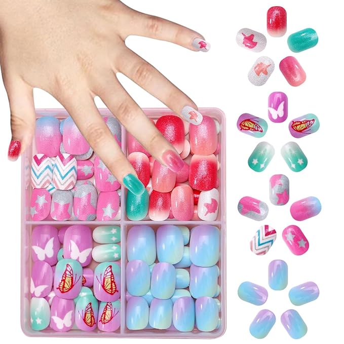 96Pcs 4 Packs Cute Short Press on Nails for Girls 4 Styles 12 Sizes Press on Nails for Kids Press ons with Butterfly Unicorn Star Aurora Designs Full Cover Acrylic Nails for Little Girl Gift Manicure