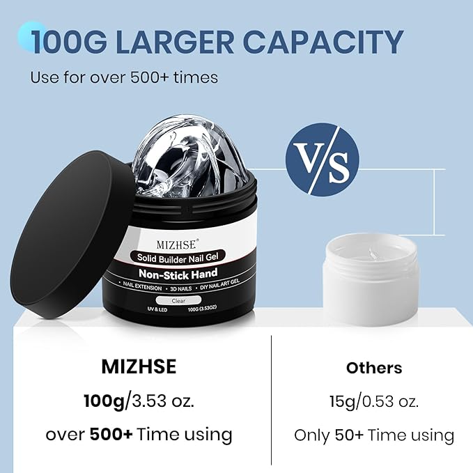 MIZHSE 100g Solid Builder Gel for Nails, Large Capacity Clear 3D Sculpting Gel for Nails, Non-sticky Hand Building Carving Modeling Hard Nail Extension with Silicone 3D Mold Nail Art Salon