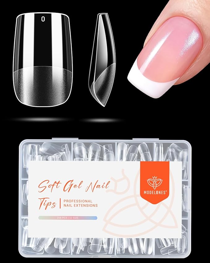modelones Short Square Nail Tips, Pre-shaped Soft Gel Tips Fake Nails False Acrylic Clear Full Cover Press on Extension Gel Kit Manicure DIY at Home 216PCS 12Sizes