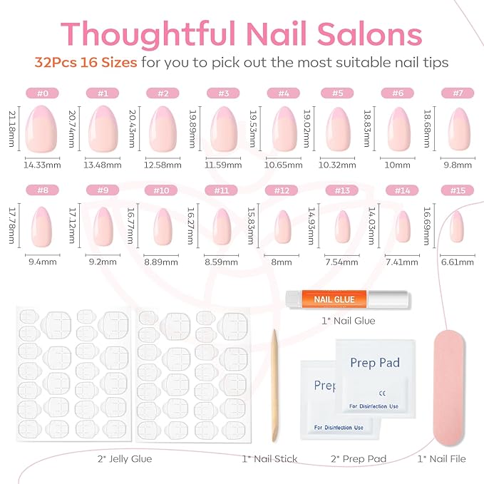 Modelones Pink French Tip Press on Nails Almond, Spring Short Almond Fake Nails, Nail Kit with Nail Glue Adhesive Tabs Mini Nail File, Nails Press Ons 32Pcs16 Sizes, Women Girl Gift