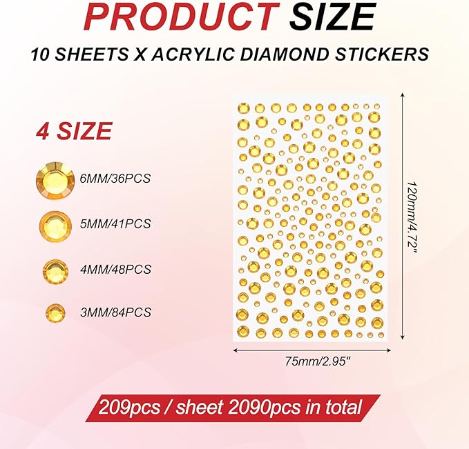 PATIKIL 2090 Pcs Acrylic Gem Sticker, 4 Size 3/4/5/6mm Self Adhesive Rhinestones Face Gem Stones Bling Jewelry for Nail Art Craft Clothes DIY Makeup Decoration Party, Gold Yellow
