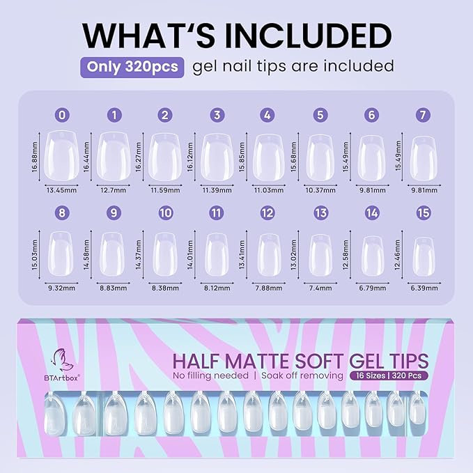 BTArtbox Extra Short Coffin Fake Nails - 320pcs Short Nail Tips Pre-shape Half Matte Soft Gel Tips, Full Cover Clear Acrylic False Nails fot Nail Extension Home DIY Nail Salon
