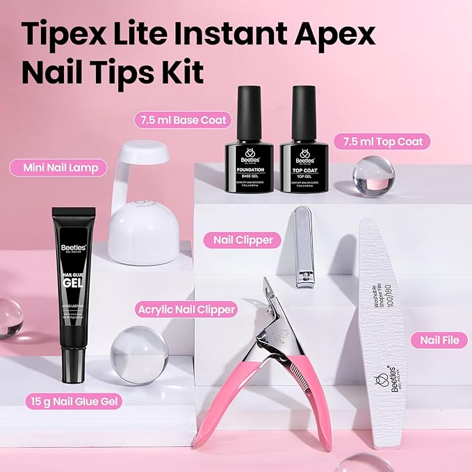 Beetles Tipex Lite Apex Nail Tips Kit,Coffin Short, 192pcs 16 Sizes, with UV Nail Glue, Base & Top Coat, Mini Nail Lamp, Nail Clipper & Cuticle Nipper,Pre-Building Pre-Etched Acrylic Tips Kit