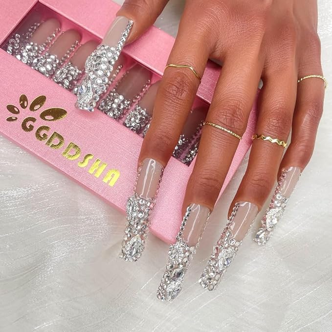 2025 New PMMA Acrylic Long Press on Nails with Semi-Applied Rhinestone Design Glossy Nails, Reusable Nail Set with Box Gift for Women (Rhinestone, M)
