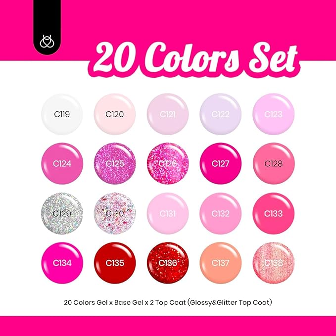 Beetles Pink Gel Polish Set Spring 20 Colors Hot Pink Alluring Sweetie Collection Nude Purple Glitter Red Uv Gel Manicure Kit with Base Glossy and Glitter Top Coat Gifts for Women