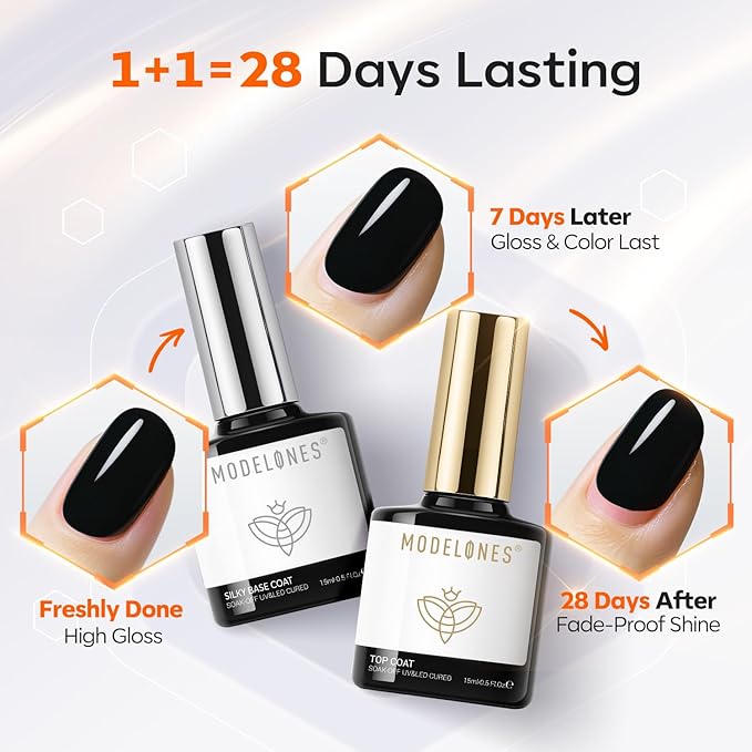 modelones Gel Top Coat Base Coat & Black Gel Nail Polish Set, 3 Pcs No Wipe Shine Finish and Long Lasting, Soak Off Nail Lamp Acid Free No Wipe Clear Base Top Gel Nail Polish Art Manicure Gifts